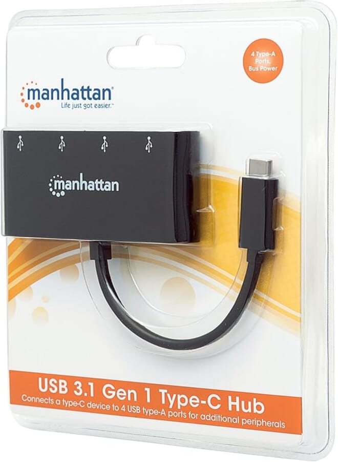 Manhattan 162746 USB 3.1 Generation 1 Type C Hub (4 USB Type A Ports, Power Supply via USB) Black